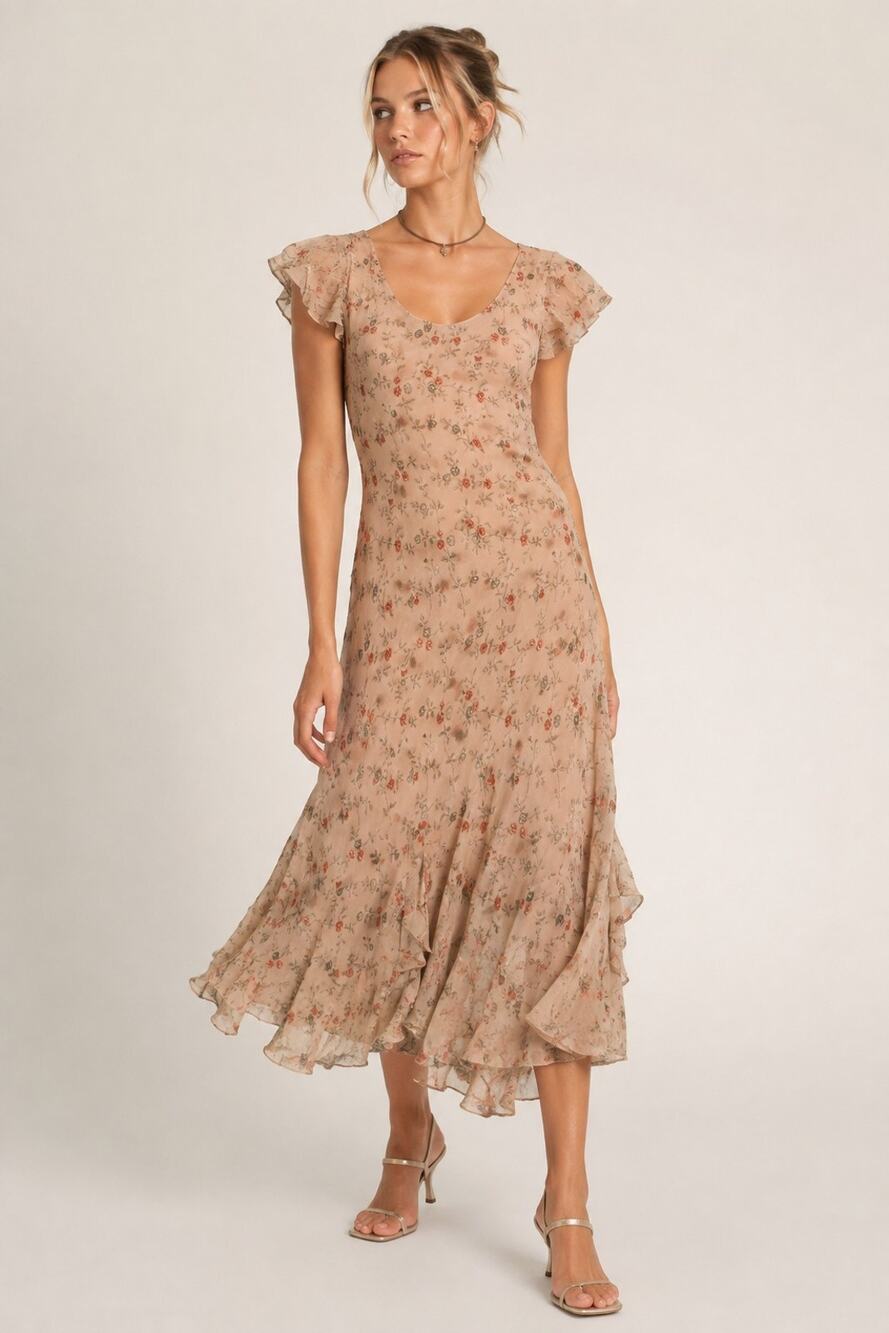 Chadwick’s Vintage 90s Y2K Silk Floral Midi Dress Size 16 Ruffle Cottagecore Max